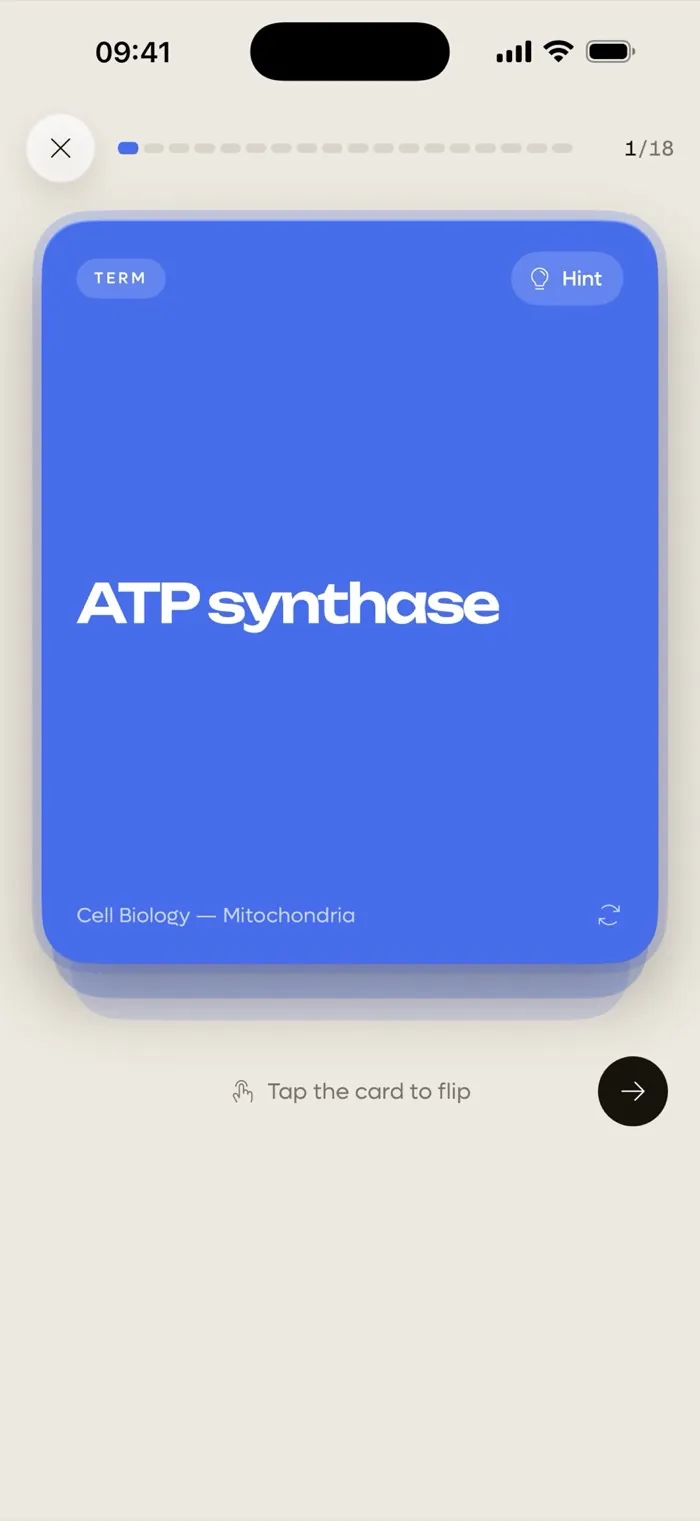 A Quibly flashcard reading ATP synthase, made from lecture slides